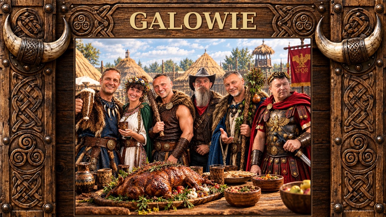 Galowie przy wspólnym stole w drewnianej ramie z rogami i napisem GALOWIE